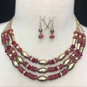Layered Red & Gold Bead Necklace Earrings Set